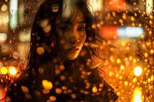 Woman standing in the rain with a rain streaked background photo