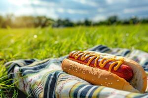 A hot dog resting on a towel amid the grass photo