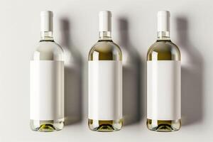 Three bottles of wine with a white label on a white surface photo