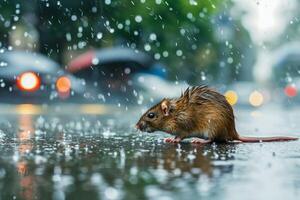 A small mouse standing under the rain photo