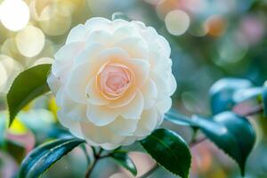 White camellia with pink center blooming photo