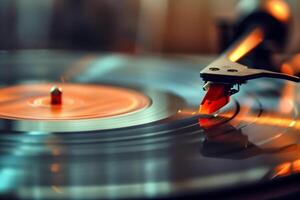 Vinyl player on the table, turntable head close-up photo