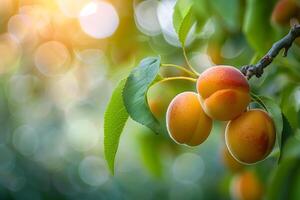 Three apricot attached to a tree branch surrounded by leaves photo