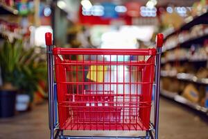 Shopping cart in a store aisle with shelves of goods photo