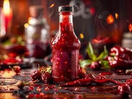 A bottle of hot sauce and fresh chilis on a table photo