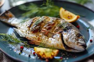Grilled dorada fish with lemons on plate photo