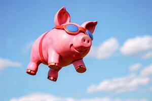 A pink pig with goggles soaring high in the sky photo
