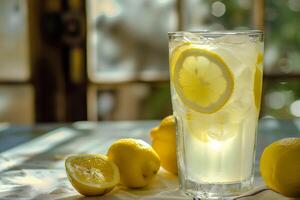 A glass of lemonade with lemons on a table photo