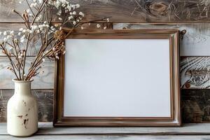 A picture frame displaying a photo beside a vase with flowers