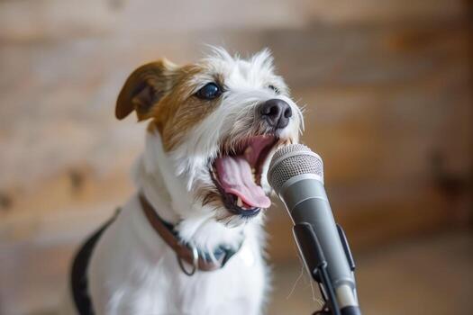 un perro canto dentro un micrófono foto