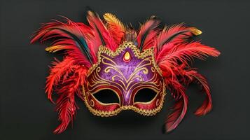 A close up of a purple mask with red feathers on a black background photo
