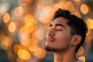 Man meditating peacefully with eyes closed, bokeh background photo