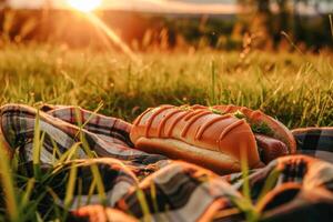 A hot dog on a bun on a blanket in the grass photo