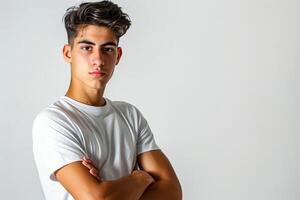 Young man in white shirt standing with arms crossed photo