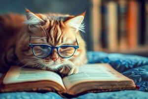 A cat with glasses resting on a book photo