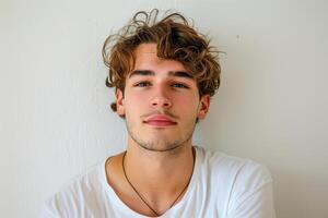 Man with curly hair and a white shirt looking up photo