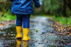 Kid in yellow rain boots walking in the rain photo
