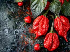 Red trinidad scorpion peppers on a black surface with leaves photo