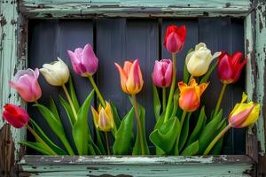Many tulips in a window frame on a window sill photo