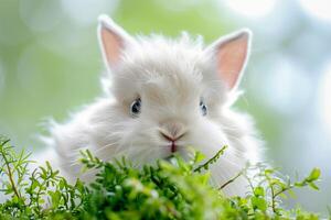 A white rabbit sitting in the grass photo