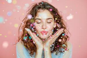 A woman with long hair blowing confetti in front of her face photo
