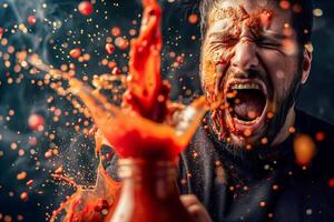Man's face covered in exploding hot sauce photo