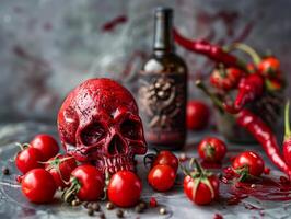 A red skull and red tomatoes on a table photo