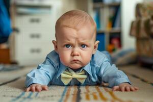 Baby with a bow tie lying on the floor photo
