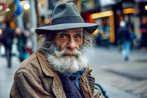 Man with a long beard and a hat on a city street photo