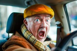 Old man with hat and scarf driving car photo