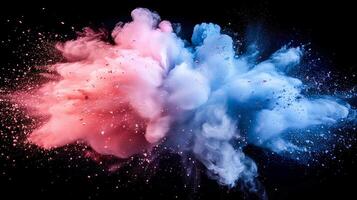 A close up of a pink and blue powder cloud on a black background photo