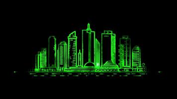 Neon frame effect skyline of Tel Aviv, Israel, glow, black background. video