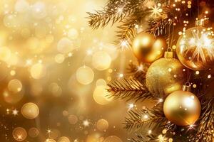 Close-up of christmas tree with golden baubles and glowing lights photo