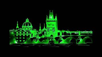 Neon frame effect Charles Bridge, a historic bridge that crosses the Vltava river in Prague, Czech Republic, glow, black background. video