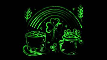 Neon frame effect St. Patrick's Day, featuring iconic symbols like a shamrock, glow, black background. video