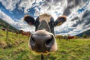 A cow gazing at the camera through a fence photo