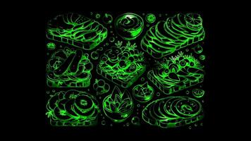 Neon frame effect Smorrebrod , the traditional Danish open-faced sandwiches, glow, black background. video