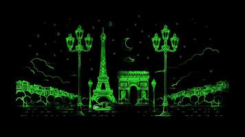Neon frame effect Eiffel Tower in Paris, France, glow, black background. video