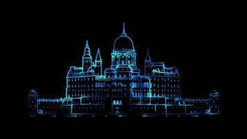Neon frame effect Buda Castle in Budapest, Hungary, glow, black background. video