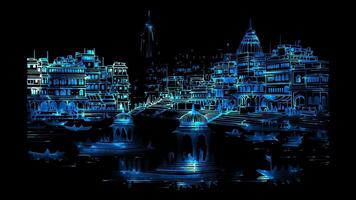 Neon frame effect cityscape of Varanasi and Haridwar, India, glow, black background. video