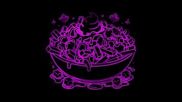 Neon frame effect poutine, a traditional Canadian dish consisting of French fries topped with cheese , glow, black background. video