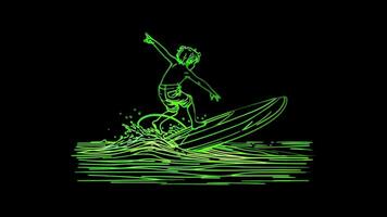 Neon frame effect, child surfing on a surfboard, glow, black background. video