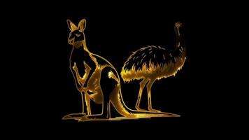 Neon frame effect, kangaroo and an emu iconic Australian animals, glow, black background. video