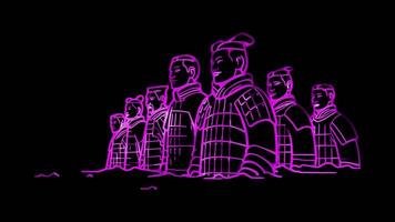 Neon frame effect Terracotta Army in China, glow, black background. video