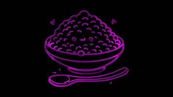 Neon frame effect plate of rice, glow, black background. video