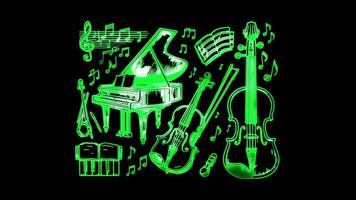 Neon frame effect,classical music elements, glow, black background. video