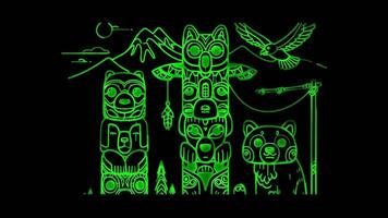 Neon frame effect totem poles and Inuit sculptures, glow, black background. video