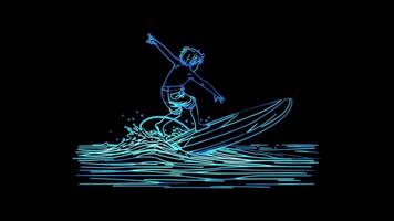 Neon frame effect, child surfing on a surfboard, glow, black background. video