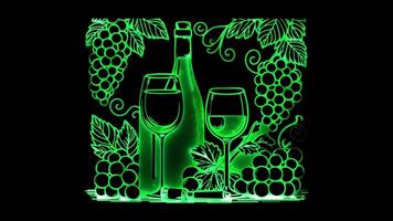 Neon frame effectbottle and a wine glass, glow, black background. video