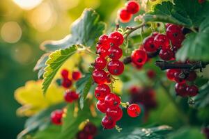 Many red currants berries on the tree in the garden photo
